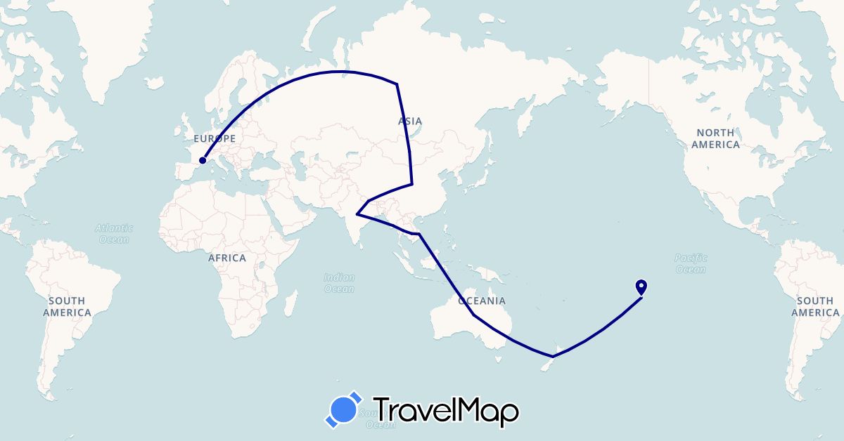 TravelMap itinerary: driving in Australia, China, France, India, Cambodia, Myanmar (Burma), Mongolia, Nepal, New Zealand, Russia, Thailand, Vietnam (Asia, Europe, Oceania)